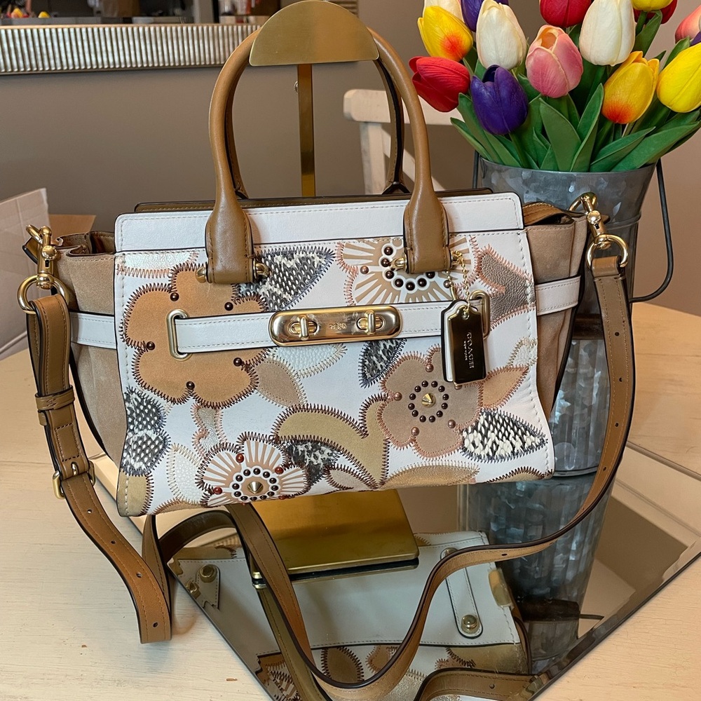Coach Floral Patchwork Crossbody Bag in White and Tan